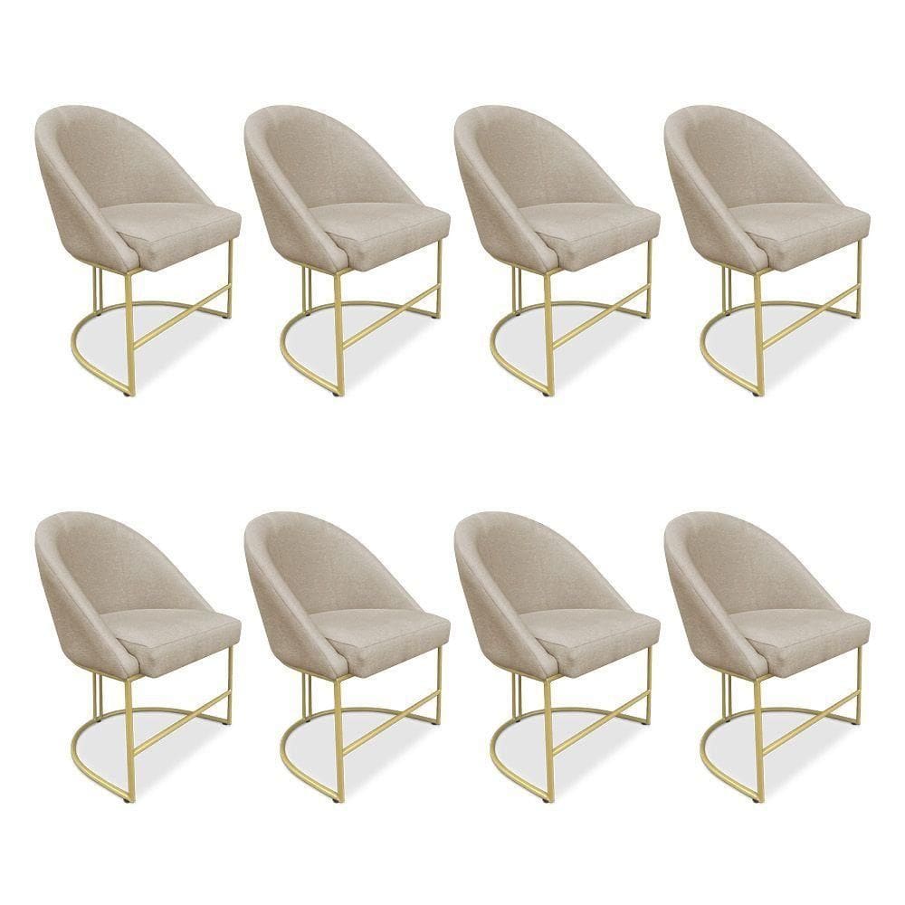 Kit 08 Cadeiras Poltrona De Jantar Bela Veludo Bege Base Metálica Industrial Dourado - Pallazio