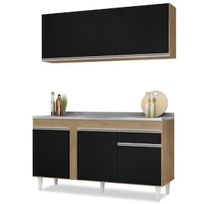 Armário Aéreo Argélia E Balcão Gabinete Com Pia Inox 150cm Dakota Castanho-preto - Lumil