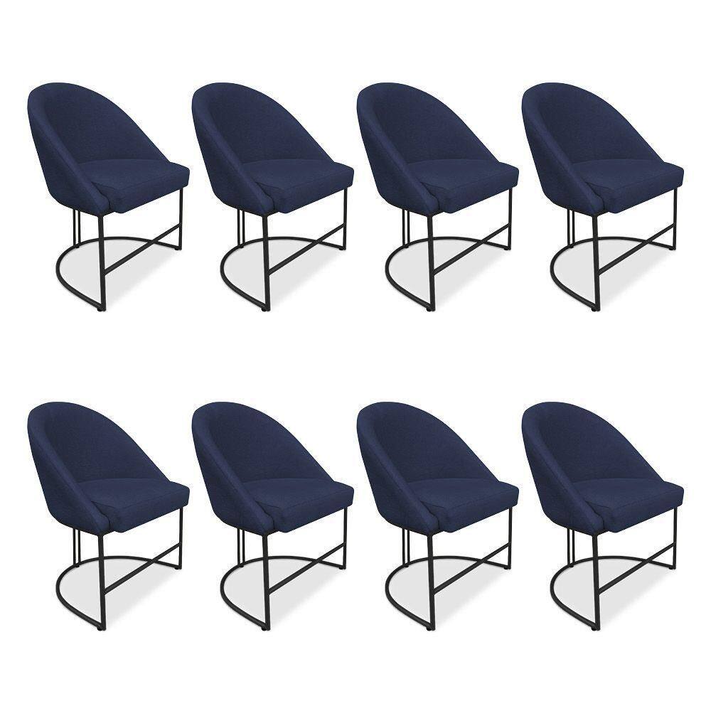 Kit 08 Cadeiras Poltrona De Jantar Bela Suede Azul Marinho Base Metálica Industrial Preto - Pallazio