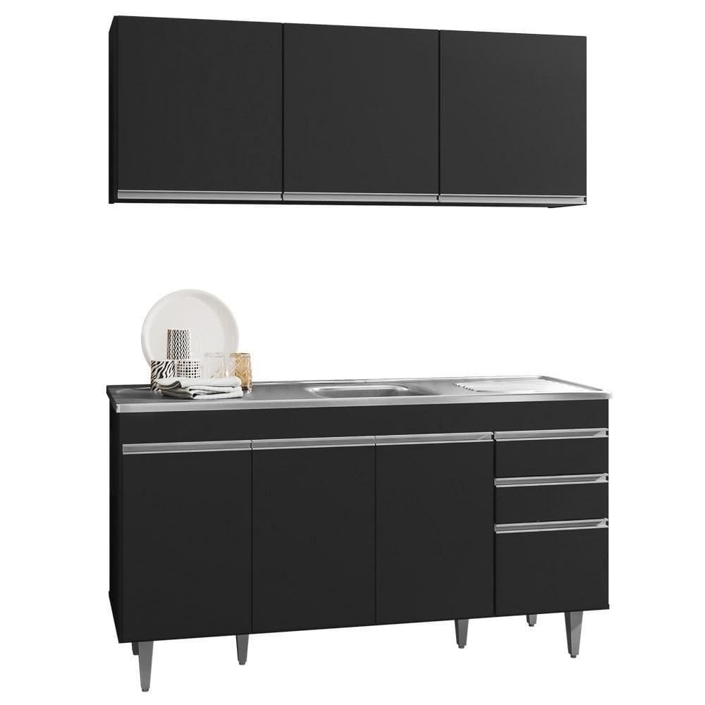 Armário Aéreo Argélia E Balcão Gabinete Com Pia Inox Marrocos 150cm Preto - Lumil Móveis