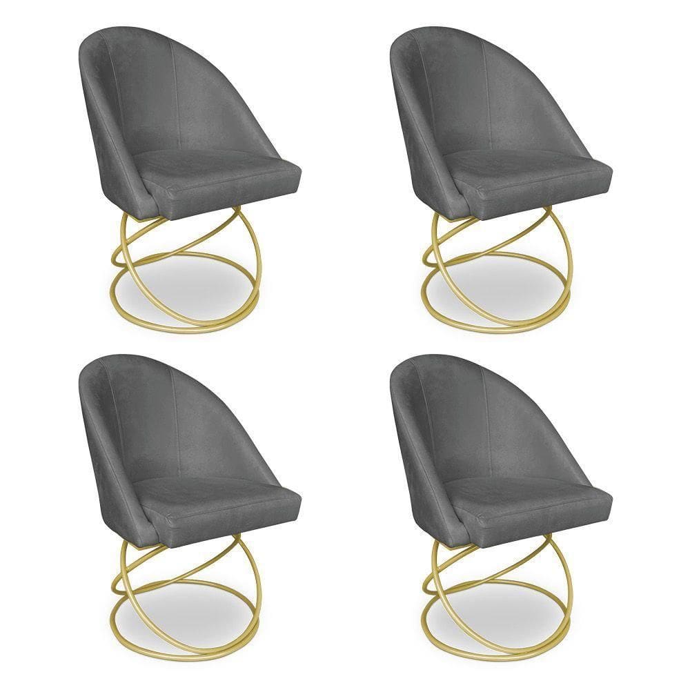 Kit 04 Cadeiras Poltrona De Jantar Bela Veludo Grafite Base Metálica Luxo Dourado - Pallazio