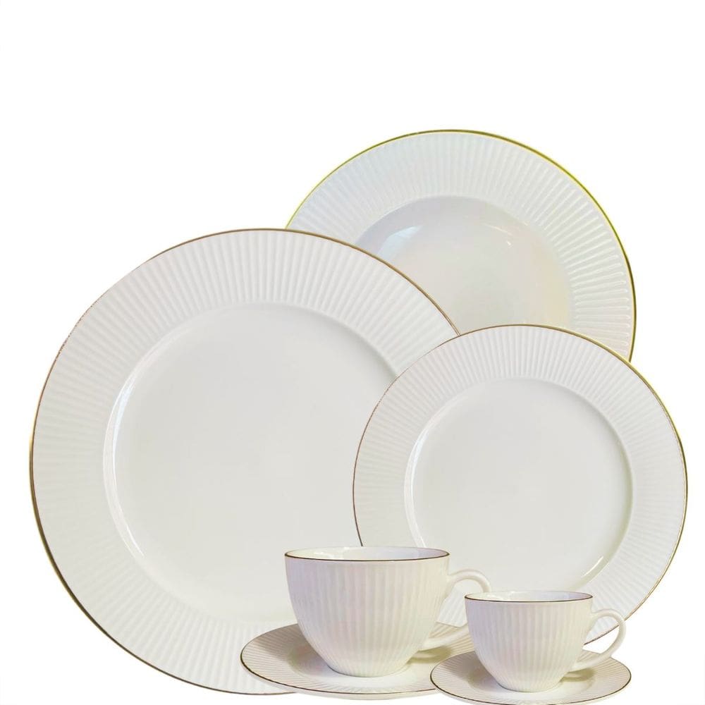 Aparelho Jantar e Chá 42pçs Lavish Relevo Porcelana Fio Dourado L`Hermitage