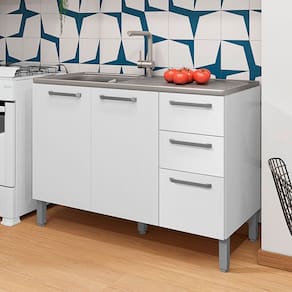 Balcão de Cozinha para Pia 120 Cm Mad Boreal 3 Portas 2 Gavetas Branco/Supremo - Pnr Móveis
