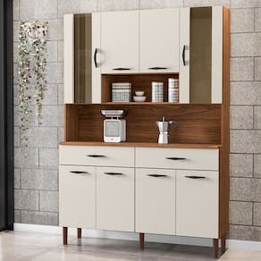 Armário de Cozinha com Balcão Star 8 Portas 2 Gavetas com Vidro Nogueira/Off White - Pnr Móveis