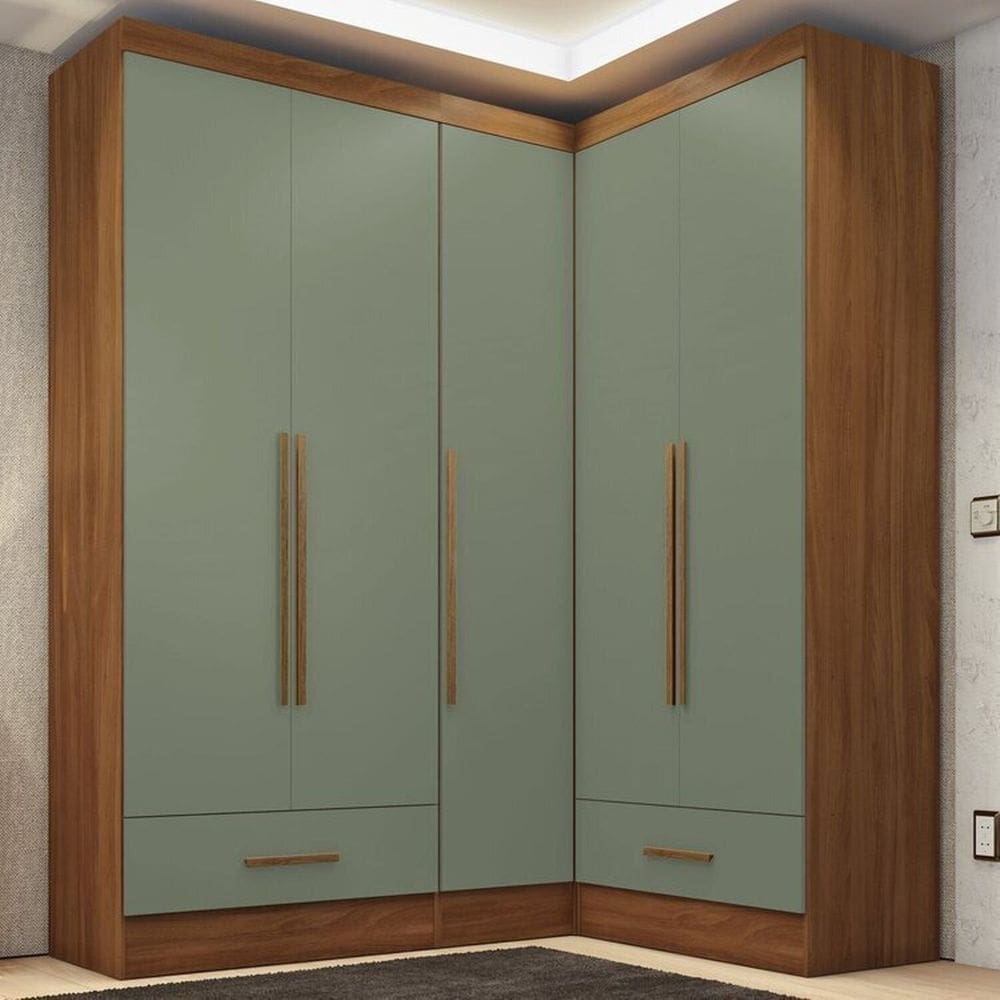 Quarto Modulado de Canto 3 Peças 5 Portas 2 Gavetas Smart Plus Espresso Móveis Cinamomo/Verde