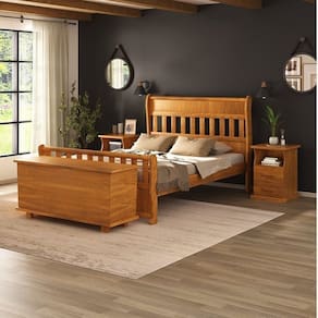 Conjunto Dormitório Casal com Cama, 2 Mesas de Cabeceira Slim e Baú de Peseira 140cm Nathalia Mogno Mel