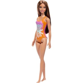 Boneca de praia Barbie de moda e beleza com maiô laranja