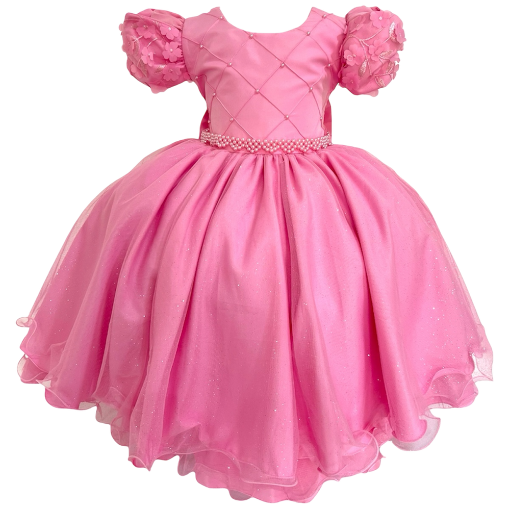 Vestido Rosa Brilho Suave e Detalhes Florais Infantil Menina