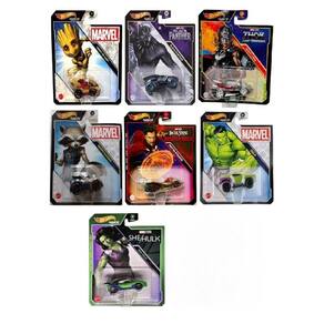 Toy Hot Wheels Marvel Character Cars, pacote com 7 Groot, Black Panther, Thor, Rocket, Doctor Strange, Hulk e She Hulk