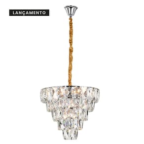 Lustre Pendente Nero 50X40cm Cromado E Cristais Transparente