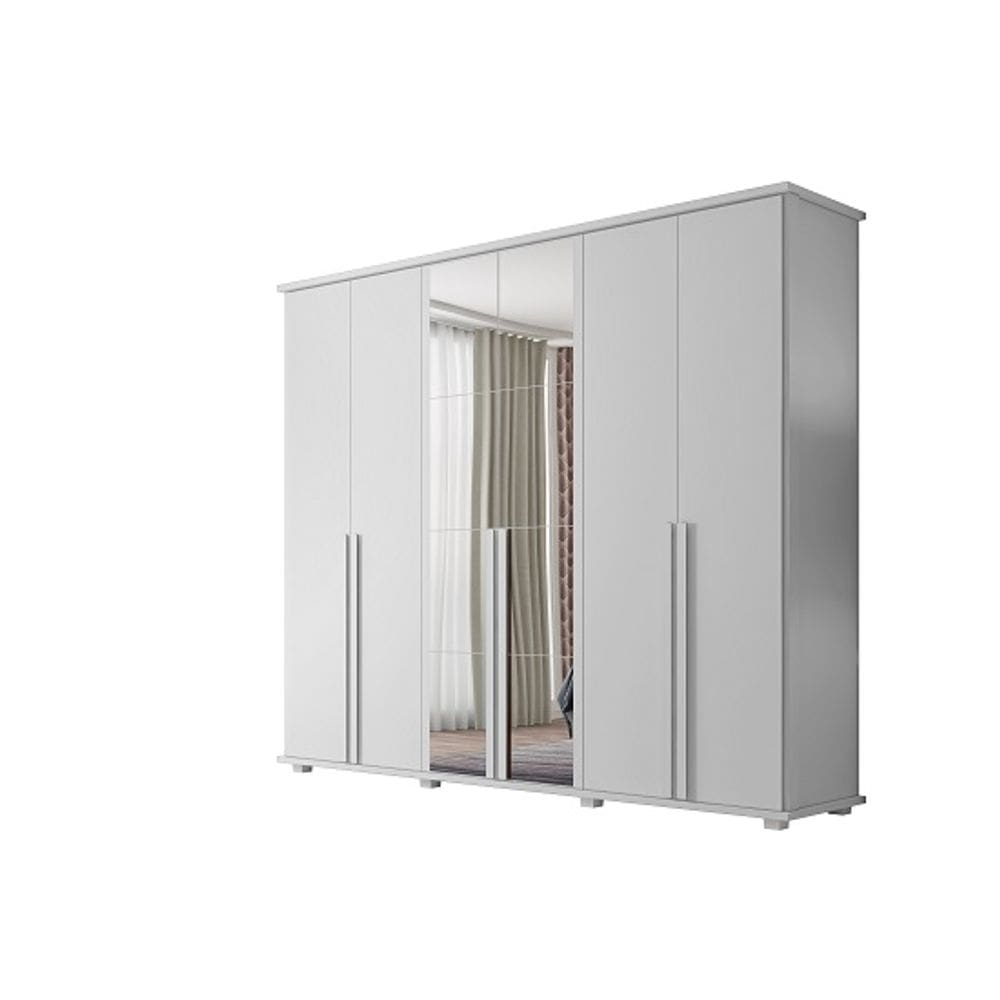 Guarda-Roupa Casal Com Espelho 6 Portas 5 Gavetas Estrela Branco – RV Móveis
