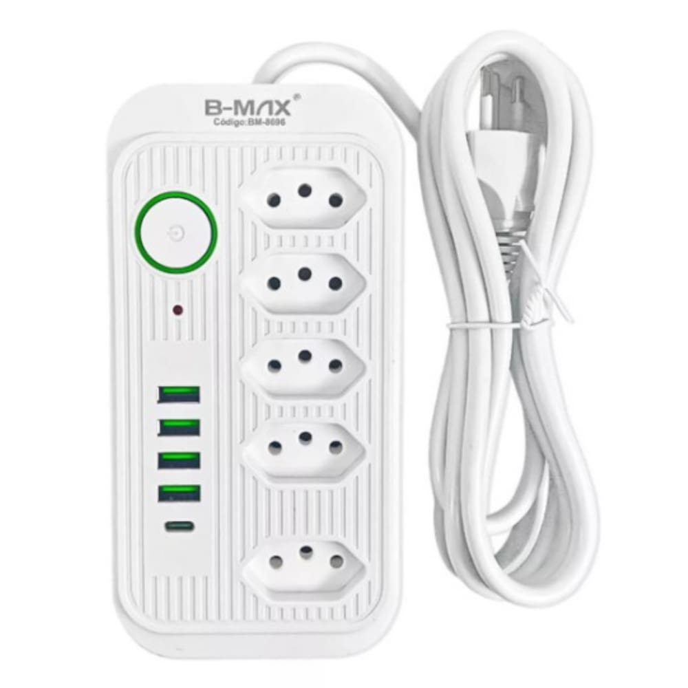 Extensão Régua Elétrica 2 Metros 5 Tomadas 4 Usb 1 Usb-c