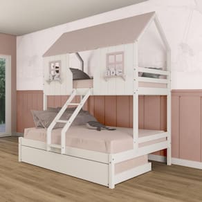 Treliche Casal/ Solteiro Casinha Encantada Madeira Maciça Branco/ Rosa Megamobilia