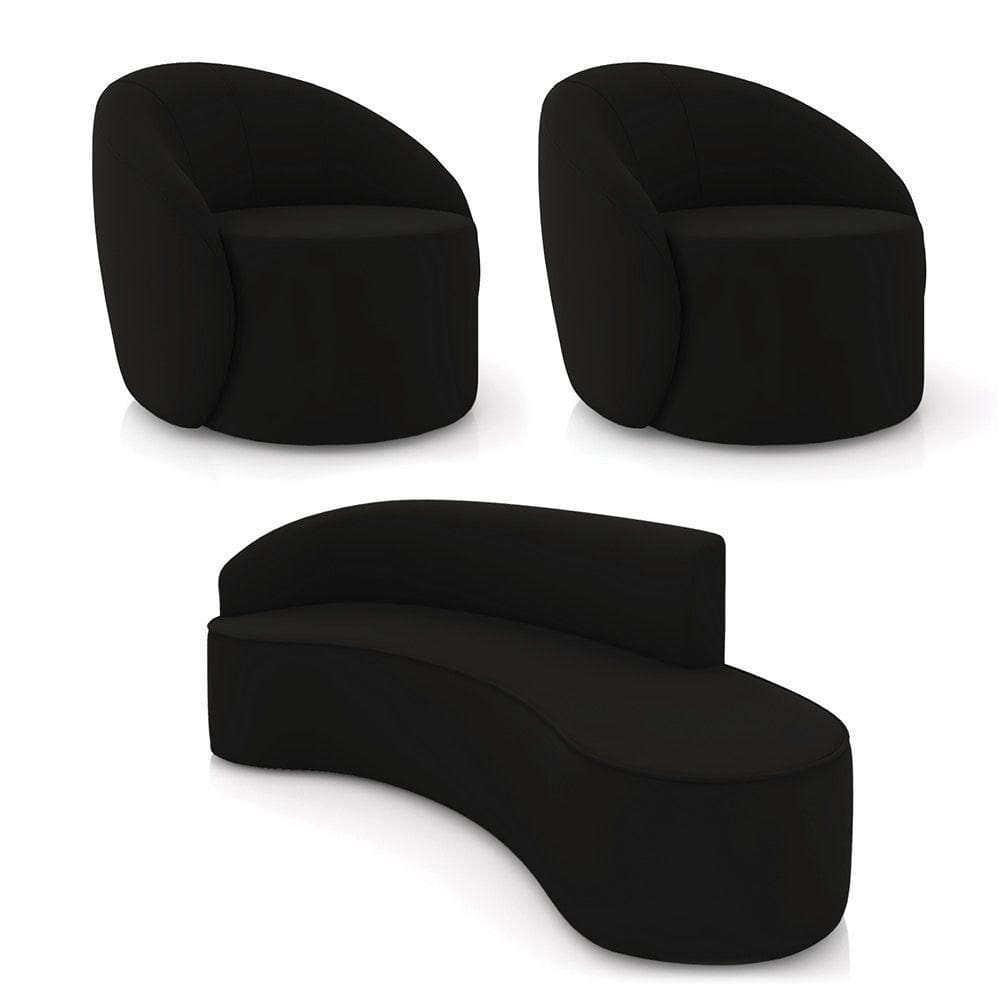Sofá 4 Lugares Orgânico 220cm Morgan E 2 Poltronas Lua Veludo Preto D03 - D`rossi