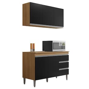Kit De Cozinha Andréia Balcão 120cm Amêndoa-preto Com Tampo Mdp E Aéreo - Ajl Móveis Amêndoa-preto