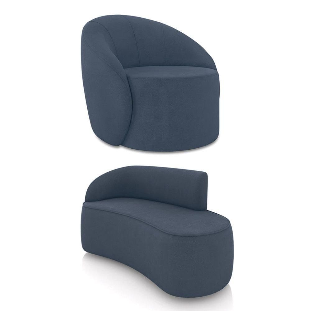 Sofá 2 Lugares Orgânico 140cm Morgan E Poltrona Lua Suede Azul M D03 - D`rossi