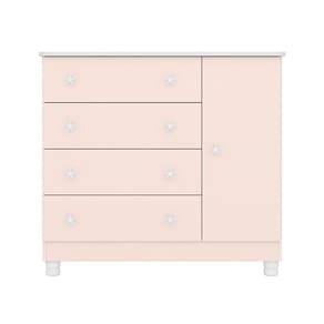 Cômoda Infantil 1 Porta E 4 Gavetas Doce Sonho Rosa Acetinado Com Pés - Qmovi Rosa Acetinado