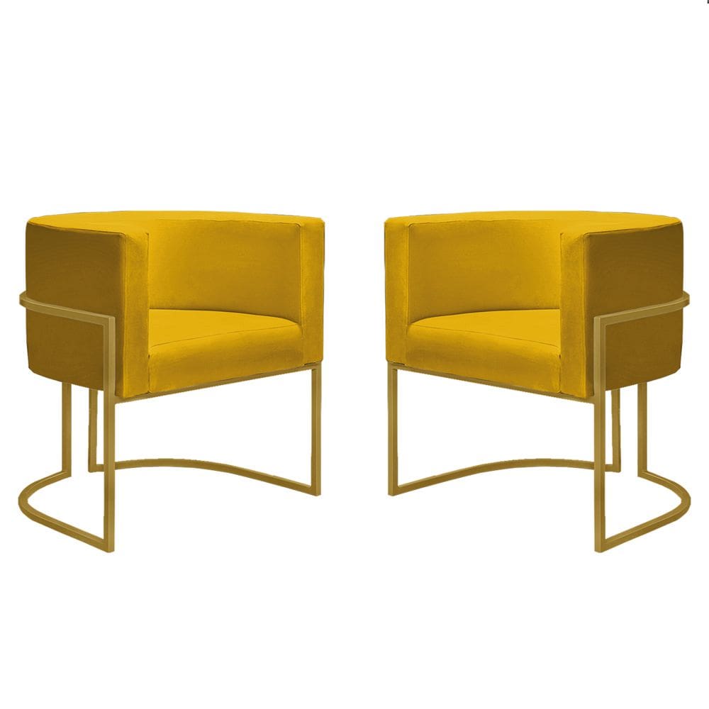 2 Poltr. Decorativa Nayara Base Ferro Dourado Suede Amarelo