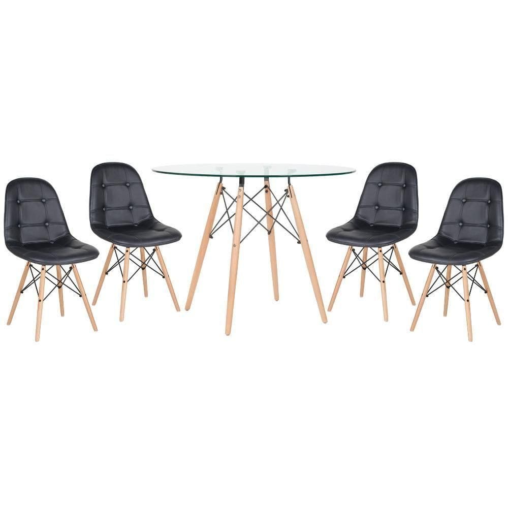 Kit - Mesa De Vidro Eames 100 Cm + 4 Cadeiras Eames Botonê Preto Preto