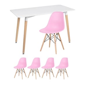 Kit - Mesa Retangular Eames 60 X 120 Cm + 4 Cadeiras Dsw Mesa Branco Com Cadeiras Rosa Mesa Branco Com Cadeiras Rosa