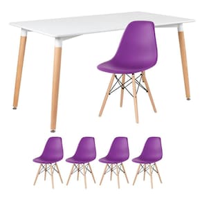 Kit - Mesa Retangular Eames 80 X 140 Cm + 4 Cadeiras Dsw Mesa Branco Com Cadeiras Roxo Mesa Branco Com Cadeiras Roxo