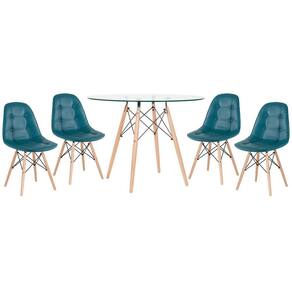 Kit - Mesa De Vidro Eames 100 Cm + 4 Cadeiras Eames Botonê Turquesa Turquesa