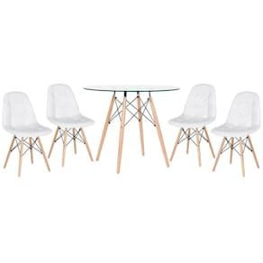 Kit - Mesa De Vidro Eames 90 Cm + 4 Cadeiras Eames Botonê Branco Cadeiras Branco