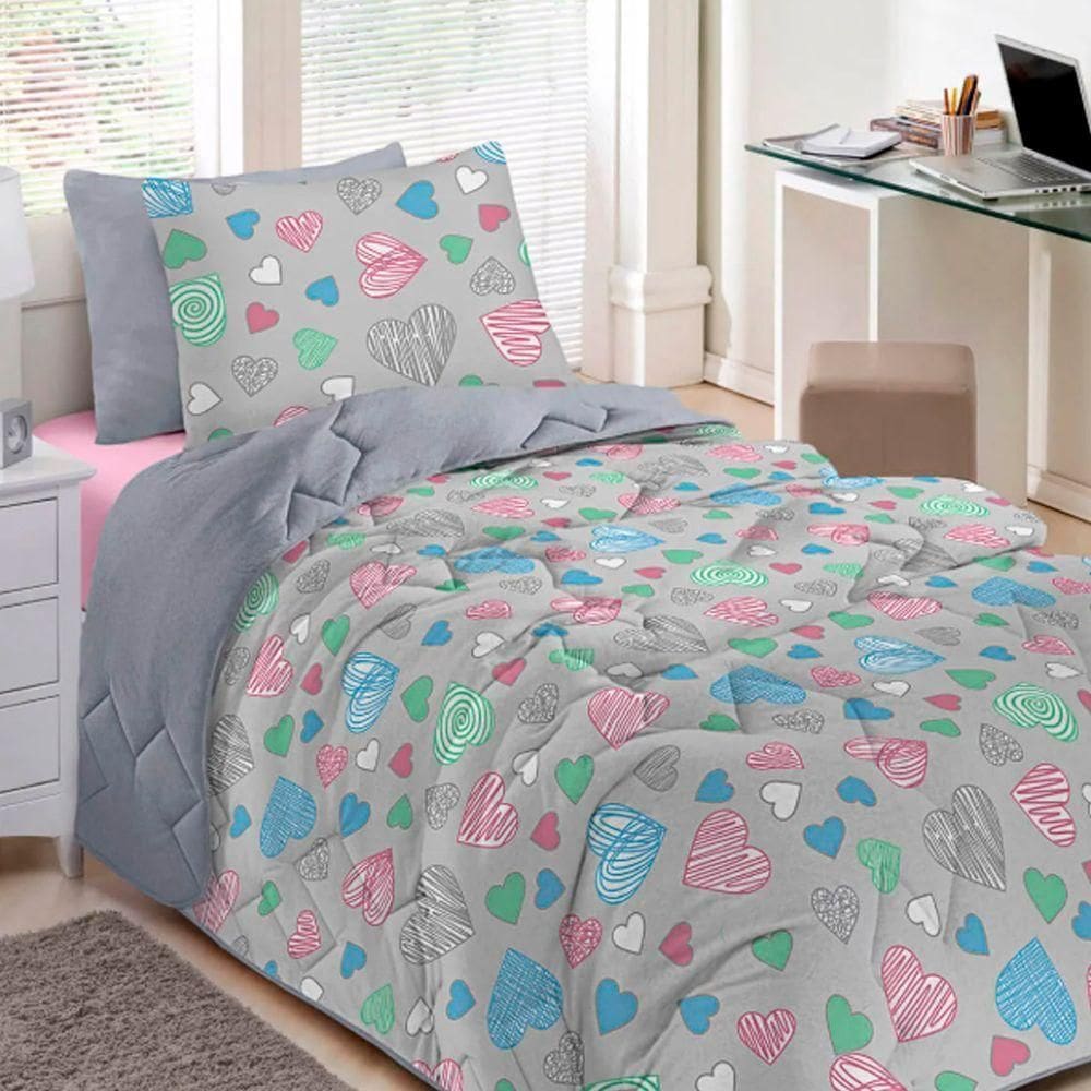 Edredom Buettner Casal Malha 100% Algodão Basic Estampado Amores 180mx220m Cinza