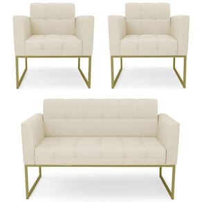 Sofá Namoradeira E 2 Poltronas Base Industrial Dourado Ana Linho Bege - Ibiza