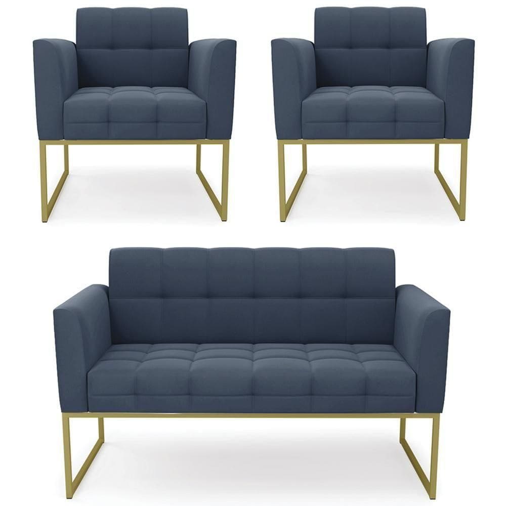 Sofá Namoradeira E 2 Poltronas Base Industrial Dourado Ana Suede Azul Marinho - Ibiza