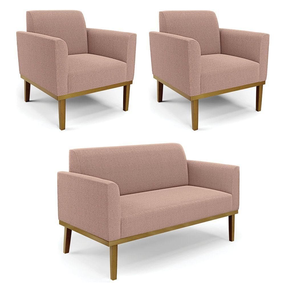 Namoradeira E 2 Poltronas Base Madeira Castanho Marisa Bouclê Rosê D03 - D`rossi