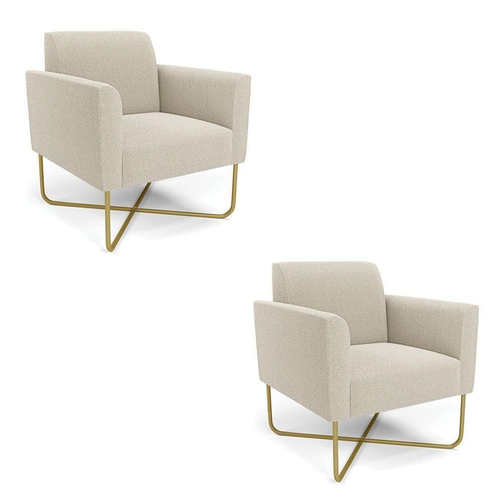 Poltrona Sala Base X Industrial Dourado Kit 2 Marisa Bouclê D03 - D`rossi Cor White