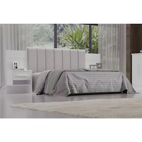 Cabeceira Para Cama Queen Size Ripada Irís Estofada Com 2 Mesas De Cabeceira D` Doro Branco/ripado