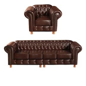 Conjunto Sofá 4 Lugares E Poltrona Chesterfield Luís Xv Vintage Retrô Capitonê Couro Marrom