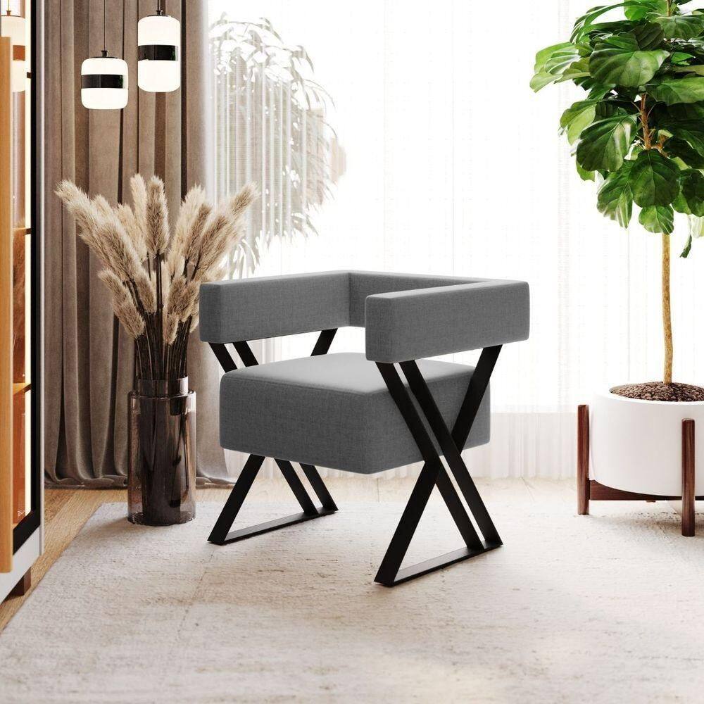 Poltrona Decorativa Sara Pés De Metal Estilo Industrial Linho Cinza