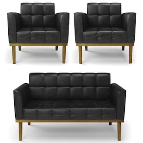 Sofá Namoradeira E 2 Poltronas Base Madeira Castanho Ana Sintético Pu Preto - Ibiza