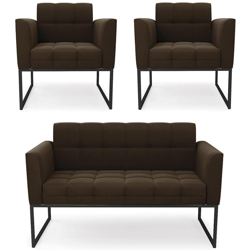 Sofá Namoradeira E 2 Poltronas Base Industrial Preto Ana Suede Marrom - Ibiza