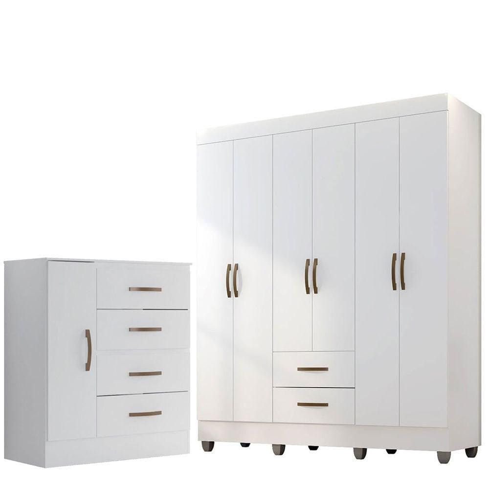 Kit Guarda-roupa Casal 6 Portas E Cômoda Sapateira 1 Porta Lisa Branco