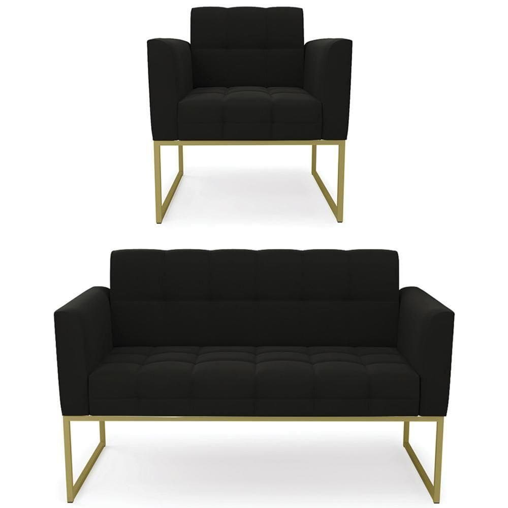 Sofá Namoradeira E 1 Poltrona Base Industrial Dourado Ana Suede Preto - Ibiza