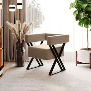 Poltrona Decorativa Sara Pés De Metal Estilo Industrial Linho Bege