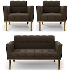 Sofá Namoradeira E 2 Poltronas Base Madeira Castanho Ana Suede Marrom - Ibiza