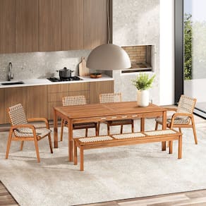 Conjunto 1 Banco 4 Cadeiras e 1 Mesa 180cm Traço Stain Jatobá/Corda Areia