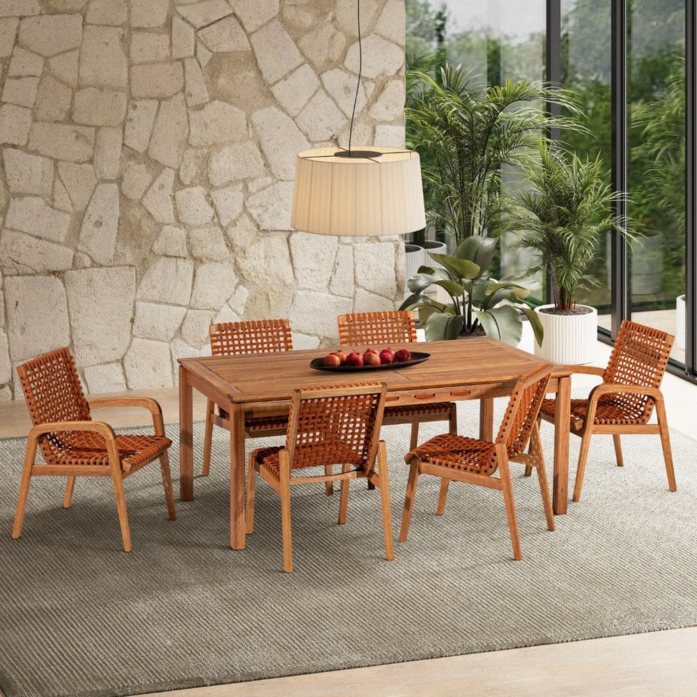 Conjunto 6 Cadeiras 1 Mesa 180cm - Varanda Coberta/Área Gourmet Traço Stain Jatobá/Corda Ocre laranja