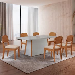 Conjunto Sala de Jantar Mesa Tampo MDF e 6 Cadeiras 180cm Veludo Creme / Naturalle / Off White / Serig. Off