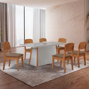Conjunto Sala de Jantar Mesa 180cm Tampo MDF Vidro de canto Copo e 6 Cadeiras Merlim Cleo Veludo Capuccino / Naturalle / Off White / Serig.
