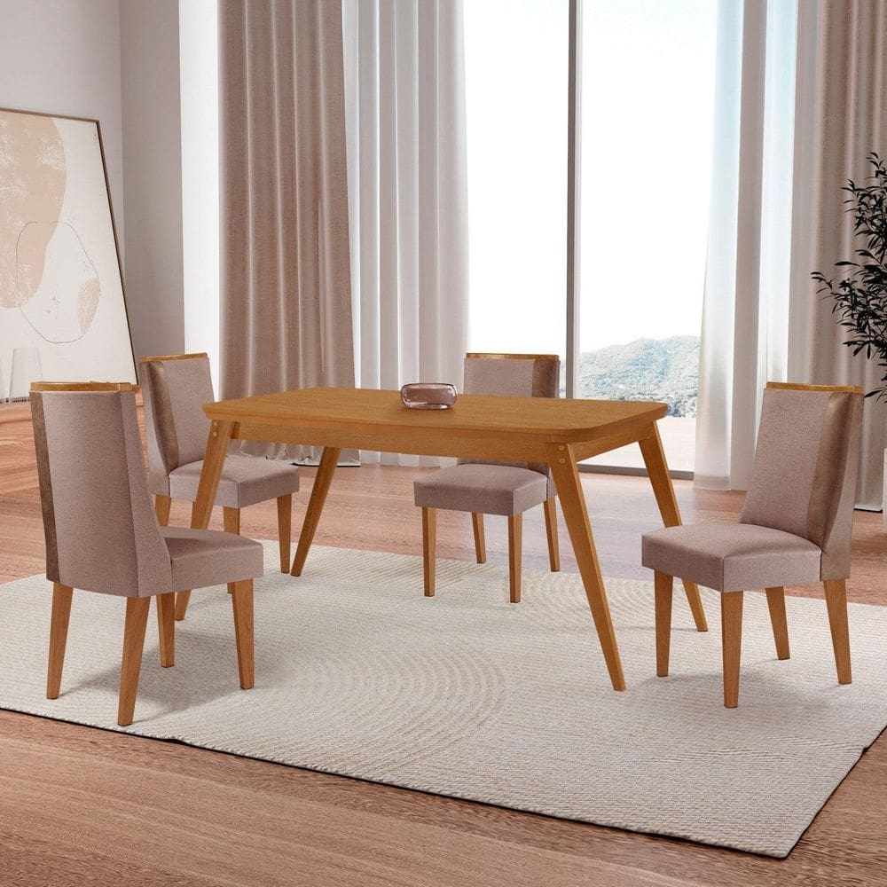 Conjunto Sala de Jantar Mesa com 4 Cadeiras 120cm Cleo Merlim Linho Capuccino / Tork / Naturalle / Off White
