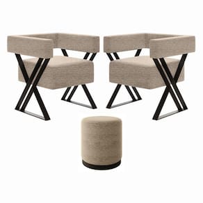 Kit 2 Poltrona E Puff Decorativo Kira Estilo Industrial Linho Bege