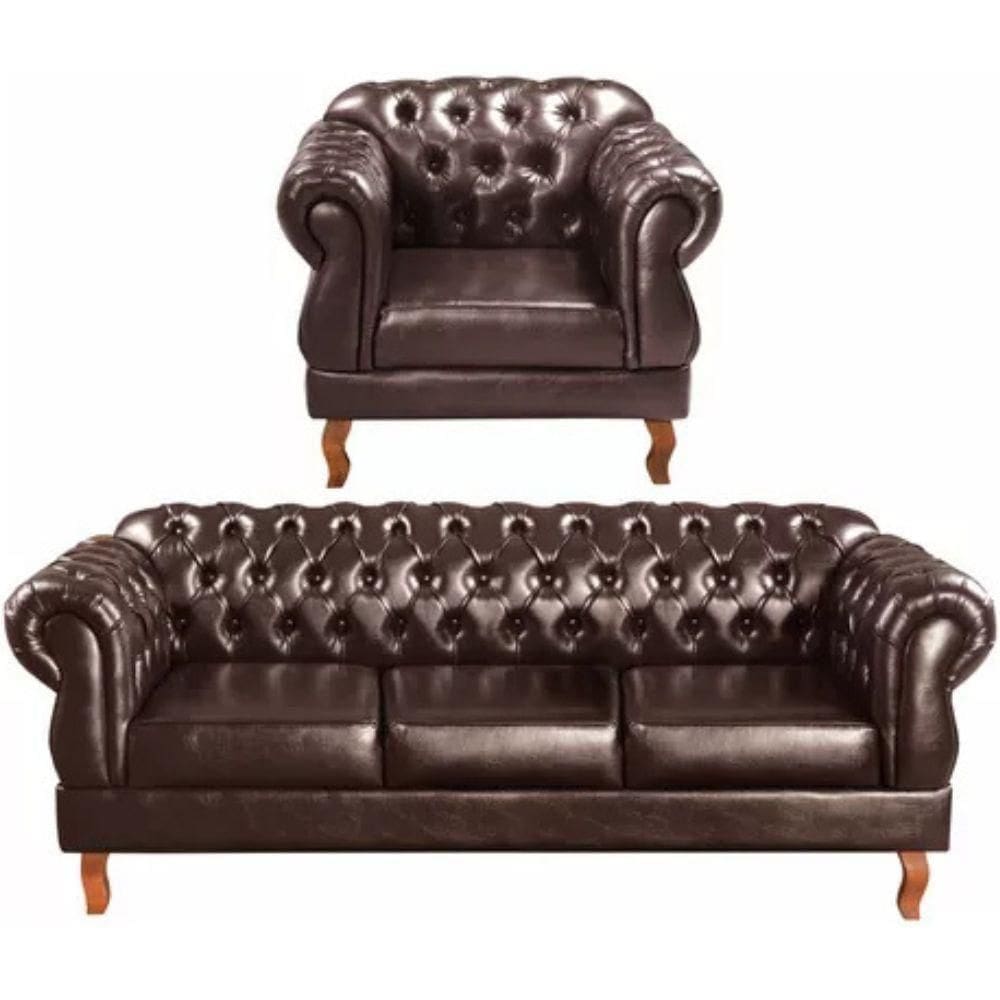 Conjunto Sofá 3 Lugares E Poltrona Chesterfield Luís Xv Vintage Retrô Capitonê Couro Marrom