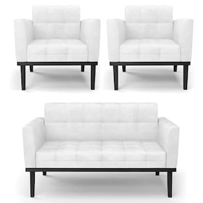 Sofá Namoradeira E 2 Poltronas Base Madeira Preto Ana Sintético Pu Branco - Ibiza