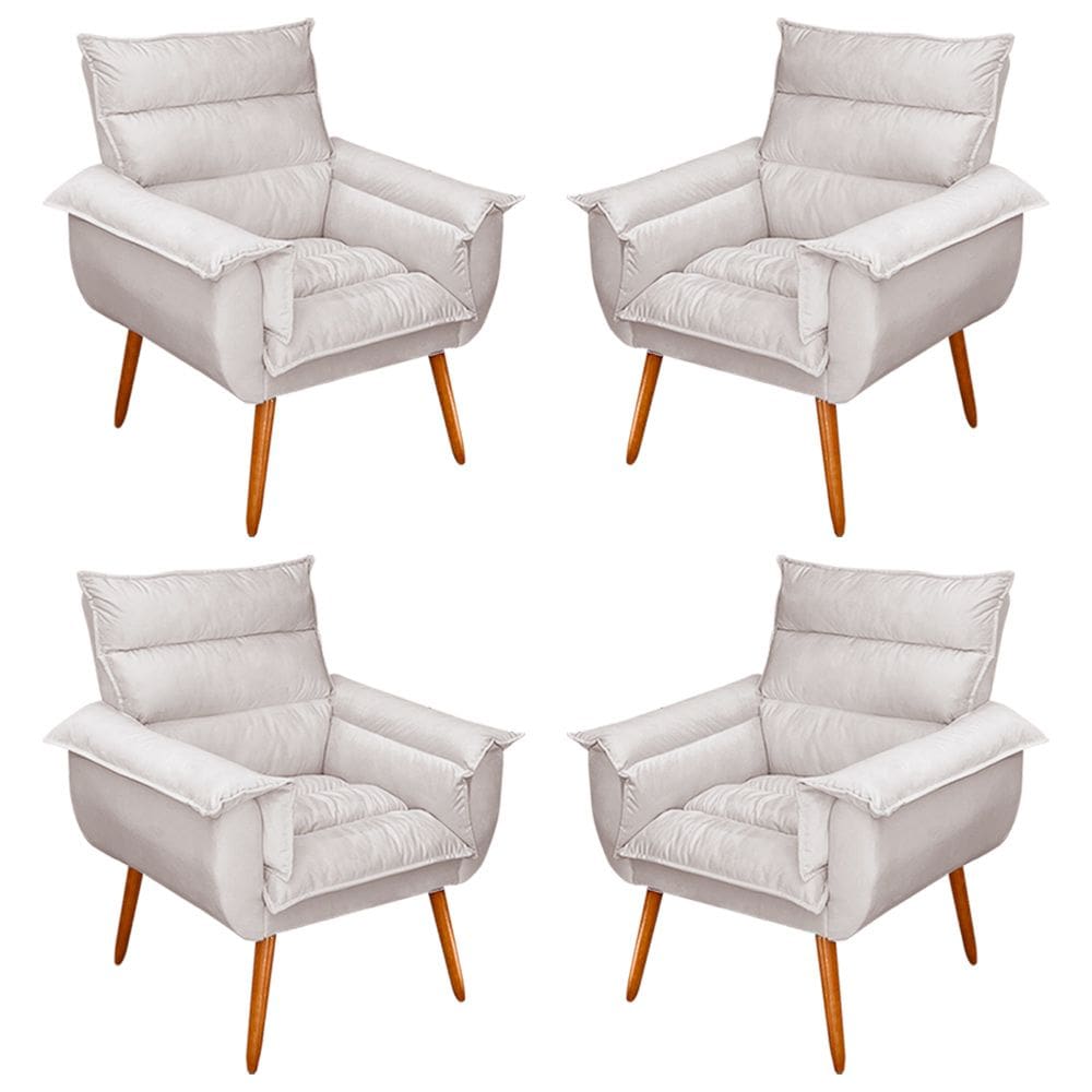 Kit 04 Poltronas Decorativas Modernas Sala e Recepção Monza Pés Palito Veludo Bege - Abmaza